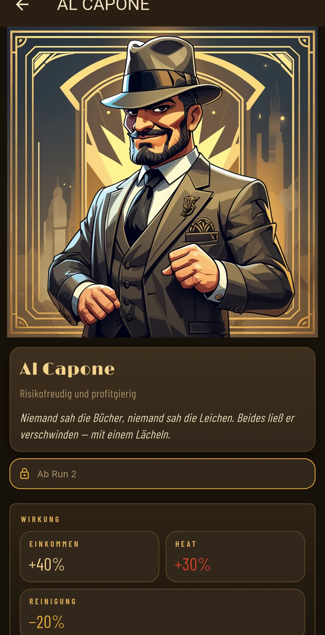 Charakterkarte Al Capone — Einkommen +40 %, Heat +30 %, Reinigung −20 %